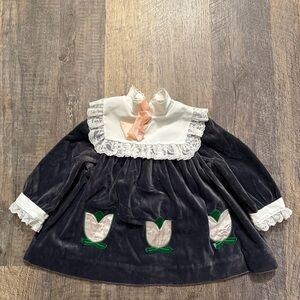 Bonnie Jean Navy and White Velvet Dress with Pink and Green Accents